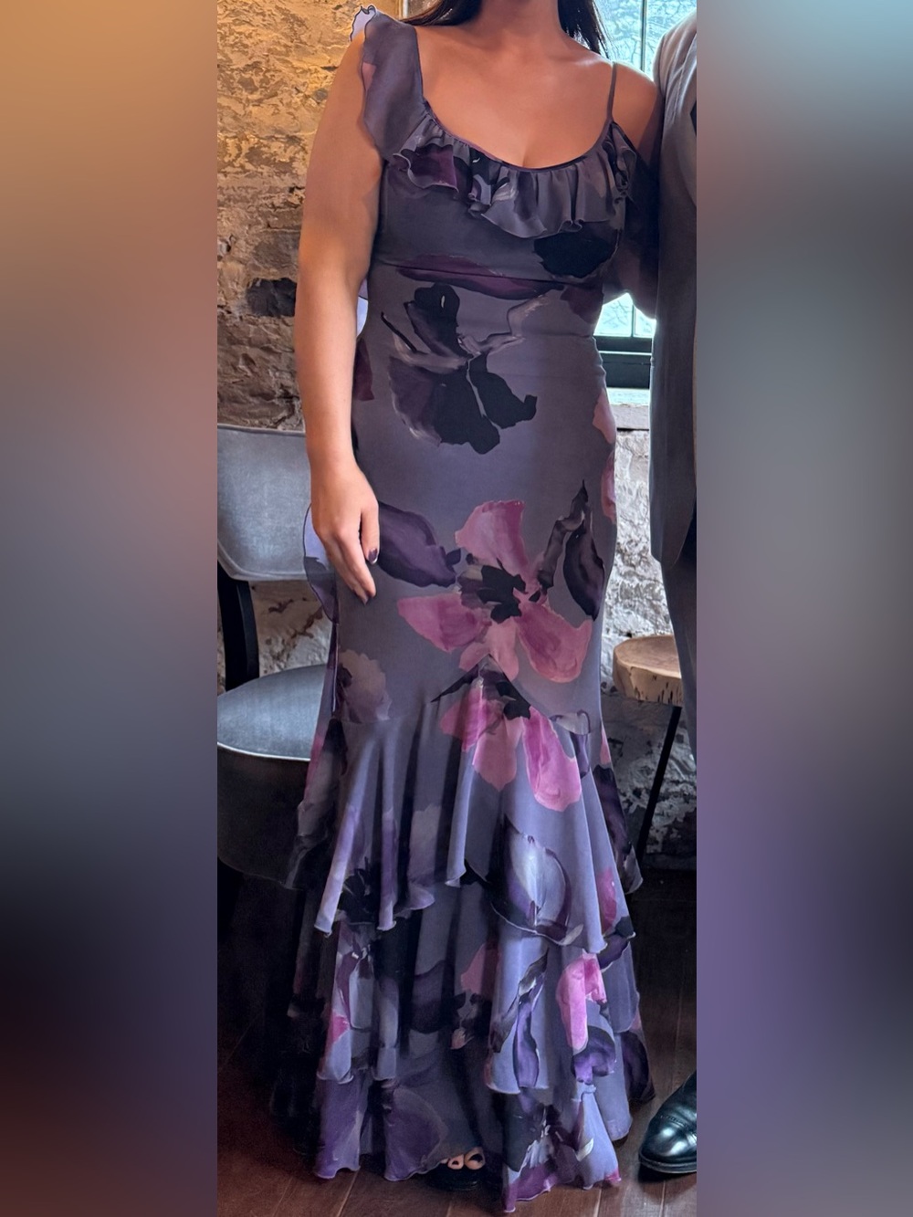 Anthropology Floral Ruffle Cold-Shoulder Maxi Dress in Purple